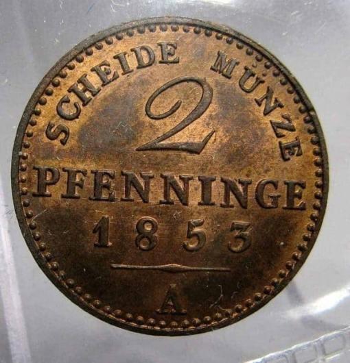 GERMAN STATES PRUSSIA 1853A 2 PFENNIG UNC LUSTRE
