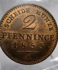 GERMAN STATES PRUSSIA 1853A 2 PFENNIG UNC LUSTRE