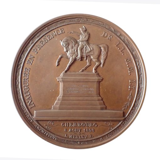 France Second Empire Napoleon III (1852-1870) Bronze Medal, Inauguration of the statue of Napoleon I in Cherbourg, by Albert Barre and L. Merley 1858, Paris - Contemporary Fitted Clamshell