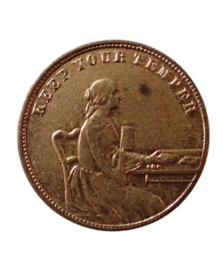 Victoria Scarece ‘KEEP YOUR TEMPER’ Swirl chair back Variety Gilt Gaming Token c1850