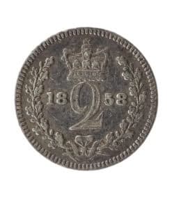 Alternative view of Victoria Twopence 1858 1st portrait; Colonial and Maundy issues