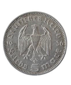 Alternative view of German 5 Reichsmark Paul von Hindenburg 1936 D (Munich)