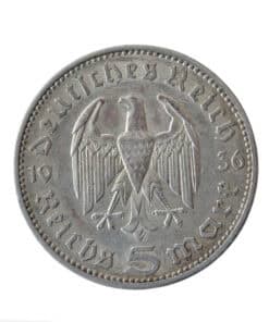 Alternative view of German 5 Reichsmark Paul von Hindenburg 1936 A (Berlin)