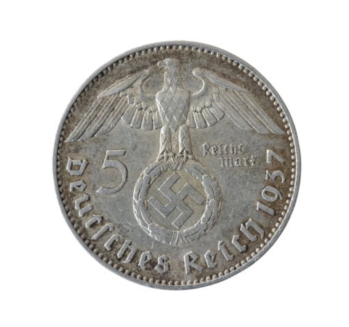 German 5 Reichsmark Paul von Hindenburg 1937 J (Hamburg) - Image 2