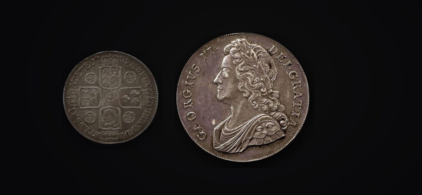 George II silver Crown of 1739, obverse and reverse - B and G Coins