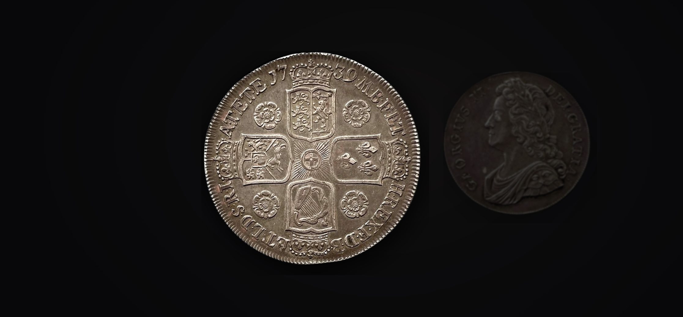 Reverse of a George II silver Crown of 1739 - British milled coins for sale at B and G Coins