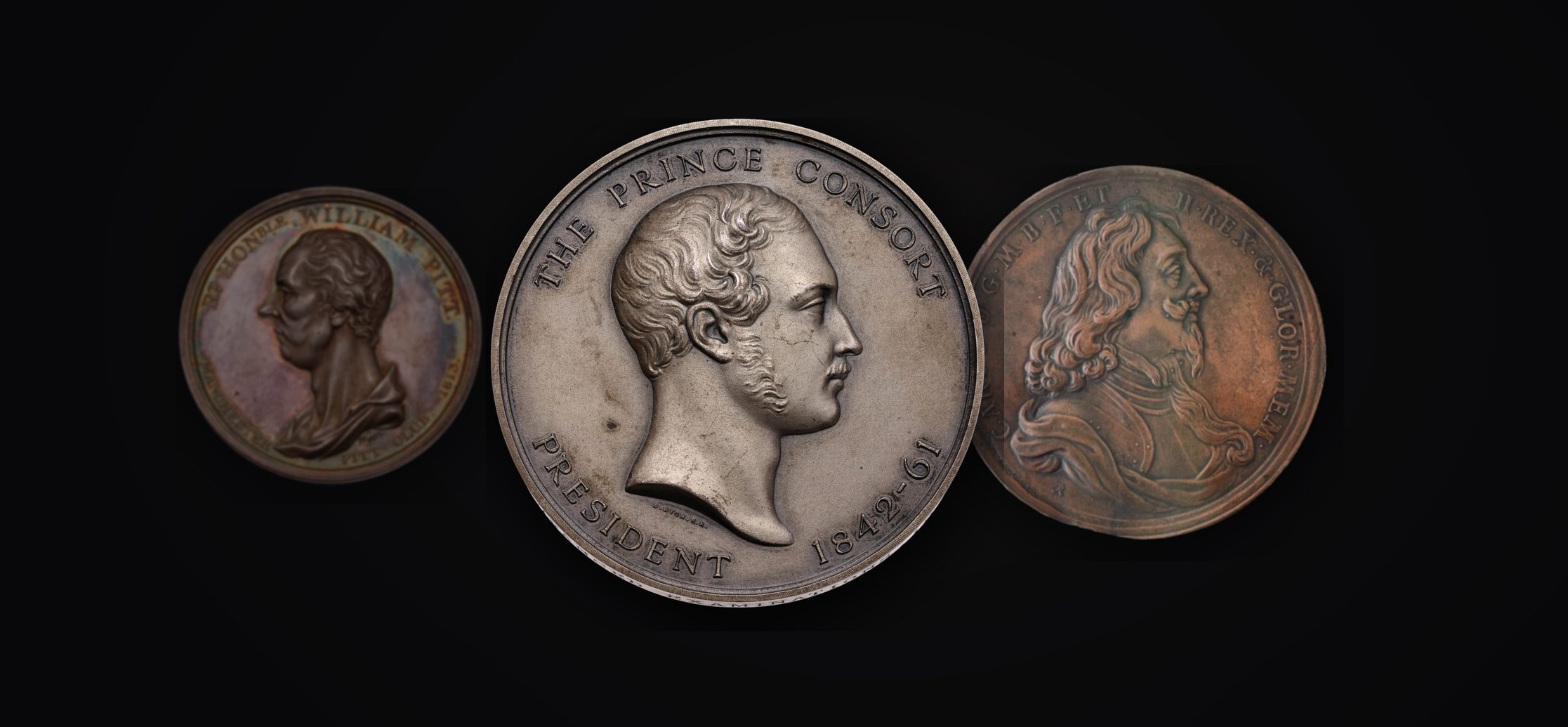 Historic medals for sale at B and G Coins - Prince Consort medal by William Wyon, Charles I memorial medal and a Manchester Pitt Club medal